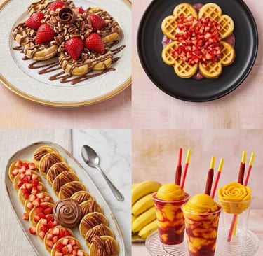 Un collage de postres gourmet para el desayuno, que incluye waffles en forma de corazón con fresas