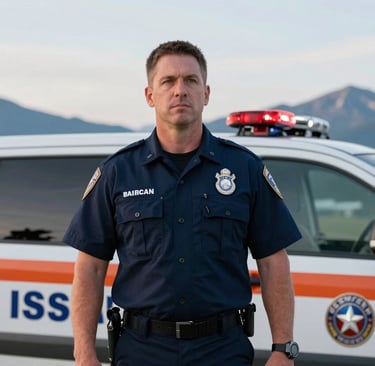 A professional North American emergency response specialist in a dark blue uniform standing in front of an organizational vehicle in Issaquah, Washington. The background features the soft white and light blue of the sky and mountain peaks, creating an atmosphere of trust and safety.