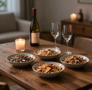 A warm evening scene with a bowl of savory knusper served alongside a glass of red wine by a glowing fireplace.
