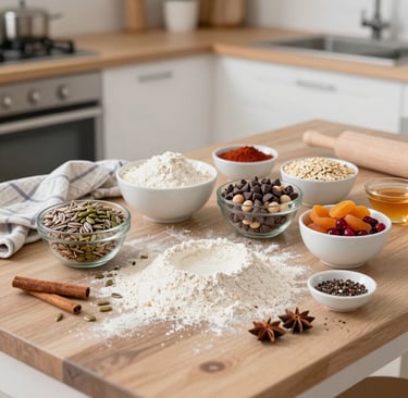 A cozy kitchen scene with jars of homemade granola and knusper mixes lined up on a wooden shelf, sunlight streaming in.