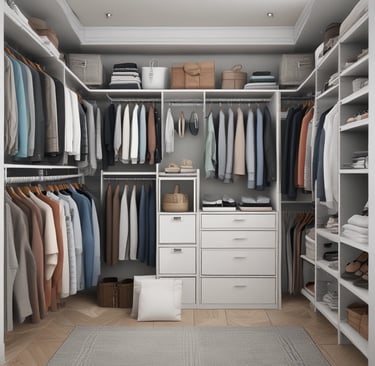 Close-up of stylish storage boxes and shelves neatly arranged in a modern home.