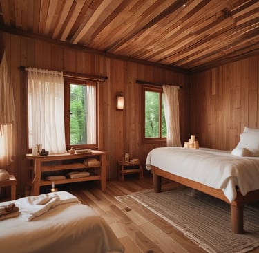 Close-up of hands gently massaging shoulders with a calming green plant in the background.
