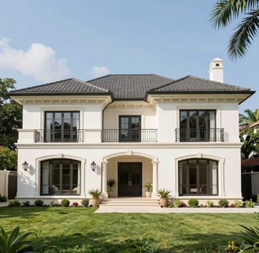 Modern luxury two-story white villa with black framed windows and a manicured green lawn.