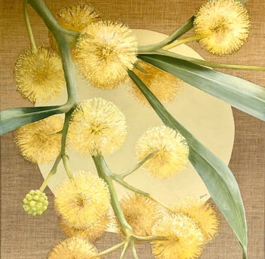 Peinture acrylique sur toile de jute titre "Mimosa"