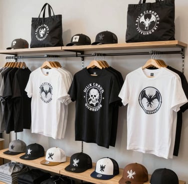 Fans browsing exclusive Mamaqua artist merchandise and branded apparel at a lively stall.