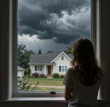 Mujer mirando desde su ventana la tormenta que hay afuera de su casa