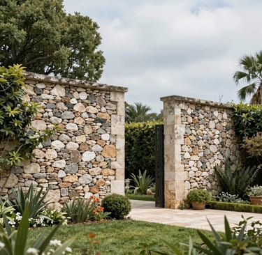 Before and after photo of a modern garden transformation with lush green grass and decorative stones.
