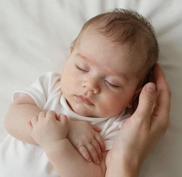A parent lovingly rocking their child to sleep in a calm, serene bedroom.