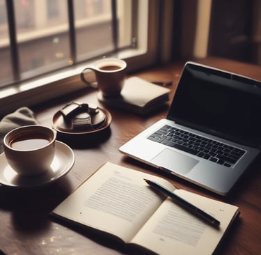 A cozy workspace with a laptop, a cup of tea, and vitamin bottles arranged neatly nearby.