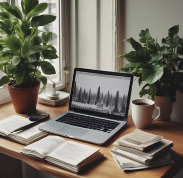 A cozy workspace with a laptop, a cup of tea, and vitamin bottles arranged neatly nearby.