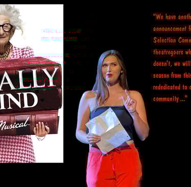 A poster for Legally Blind (satire) featuring an elderly woman and a theater performer on stage.