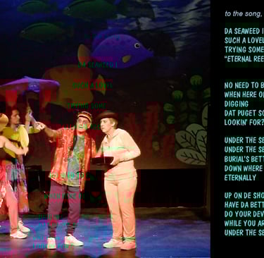 Musical theatre actors perform a parody of Under the Sea on stage with colorful costumes