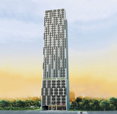 Modern high-rise residential apartment buildings with luxury balconies against a sunset sky.