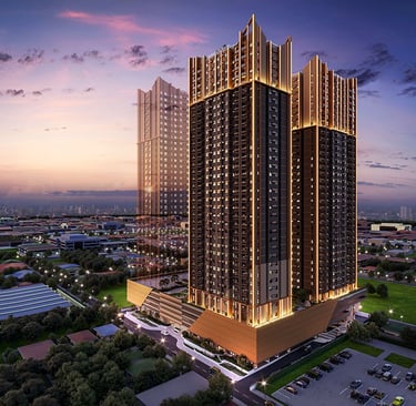 Luxury high-rise residential apartment building at sunset with modern architectural lighting.