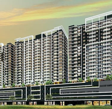 Modern high-rise residential apartment buildings with luxury balconies and sunset sky background.