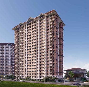Modern multi-story residential apartment buildings in a lush urban development with blue skies.