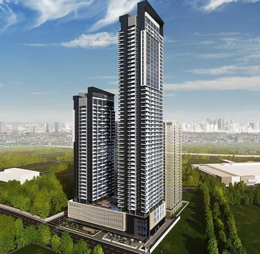 Modern luxury high-rise condominium towers in a metropolitan city skyline with lush green surroundings.
