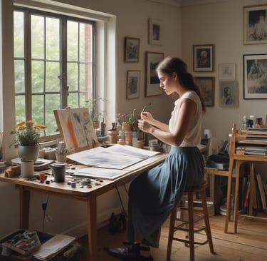 A cozy workspace with handmade art pieces and a vintage lamp casting warm light.