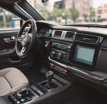 Shiny car being carefully cleaned by professional with specialized equipment in a bright garage