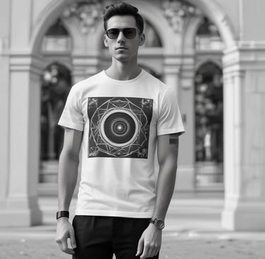 A vibrant white and red trendy t-shirt displayed on a wooden hanger with a Palangka Raya backdrop