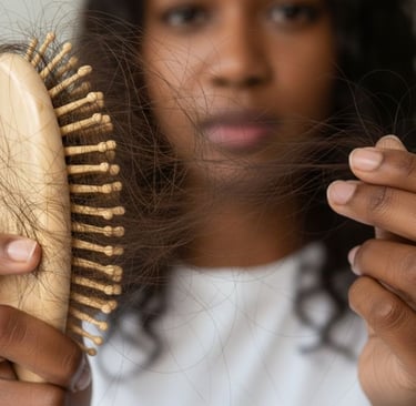 Black woman experiencing hair loss holding brush with fallen hair traction alopecia specialist Chadw