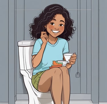 Smiling cartoon woman with curly hair sitting on a toilet while eating snacks and drinking coffee.