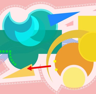 Abstract geometric art composition with vibrant colorful shapes, circles, and arrows on a pink background.