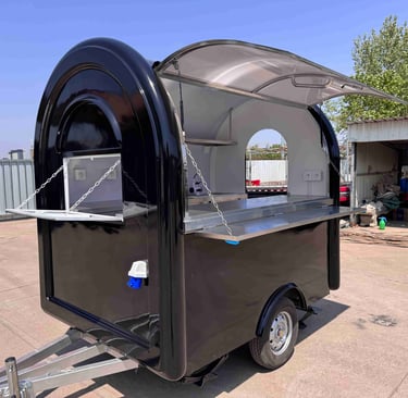Foodtruck demi-rond TF-DM Classic couleur RAL noir foncé, finition lisse, coque en fibre de verre et châssis galvanisé, certi