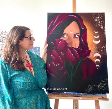 Silvia, an artist, proudly presents her original painting inspired by Mary Magdalene