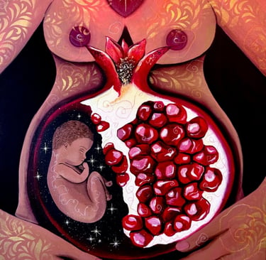 Painting of a baby and pomegranate in a mother's womb, signifying rebirth by artist Silvia Salerno
