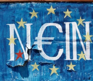 wall painting of the EU flag with the German word nein emblazoned upon it.