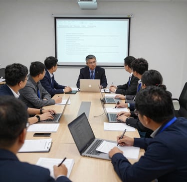 An instructor guiding participants through a hands-on outsourcing workshop.