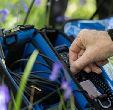 “Field recording equipment in the grass among wildflowers in Tayvallich.”