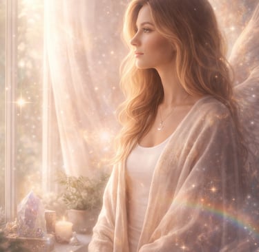 Spiritual artwork of a woman in glowing light symbolizing intuitive healing online and in Nashville