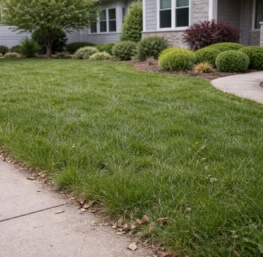  green lawn and landscaping shrubs bordering a concrete sidewalk in a residential front yard.