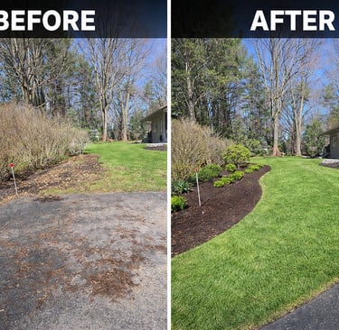 Before and after professional landscaping transformation featuring lush green grass and fresh mulch beds.