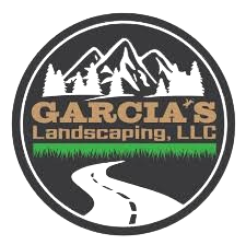 Garcia's Landscaping, LLC logo featuring mountains, pine trees, and a winding path.