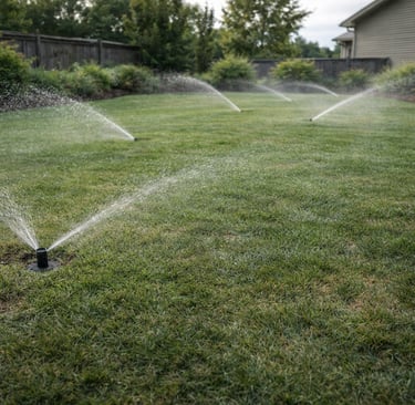 Automatic pop-up sprinkler system watering a lush green residential lawn in a backyard.