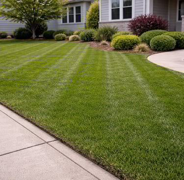 Meticulously maintained green lawn with professional striped mowing patterns beside a concrete walkway.