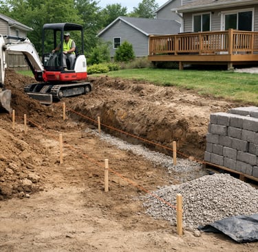 Mini excavator digging a trench for a retaining wall project in a residential backyard with gravel and pavers.