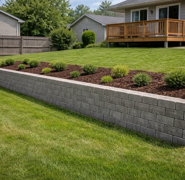 Concrete block retaining wall in a backyard landscape with brown mulch and green shrubs.