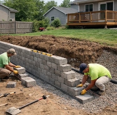 Professional contractors installing a grey concrete block retaining wall in a residential backyard.