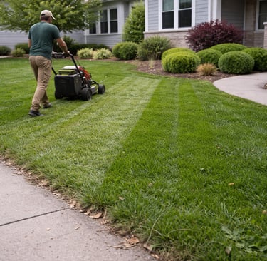 Professional lawn care specialist mowing a lush green residential yard with clean stripe patterns.