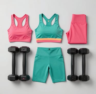 Vibrant workout gear and fitness accessories laid out neatly