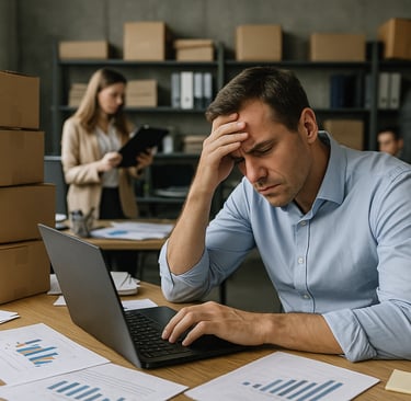 Hombre de negocios estresado frente a su computador, rodeado de papeles con gráficas y cajas en una oficina desordenada, mien