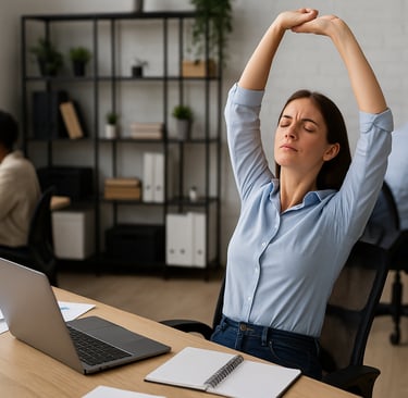 Mujer joven sentada en una oficina moderna simbolizando una pausa consciente en medio de una jornada laboral eficiente