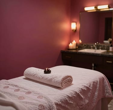 A tranquil corner with earthy tones, candles, and plush seating inviting relaxation.