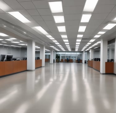 Power Plus Electric team wiring commercial lighting fixtures in a large office space.