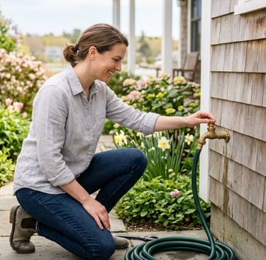 A professional plumber from Katahdin Plumbing inspecting an outdoor hose bibb on Maine home