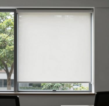 Elegant zebrano blinds casting striped shadows on a minimalist office space.
